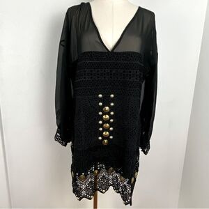 Ixiah Black Crochet Lace Mesh Tunic Dress Witchy Whimsigoth Fairy Grunge Size 8